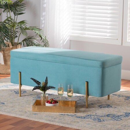 Baxton Studio Rockwell Glam and Luxe Sky Blue Velvet Upholstered and Gold Finished Metal Storage Bench 198-12212-ZORO